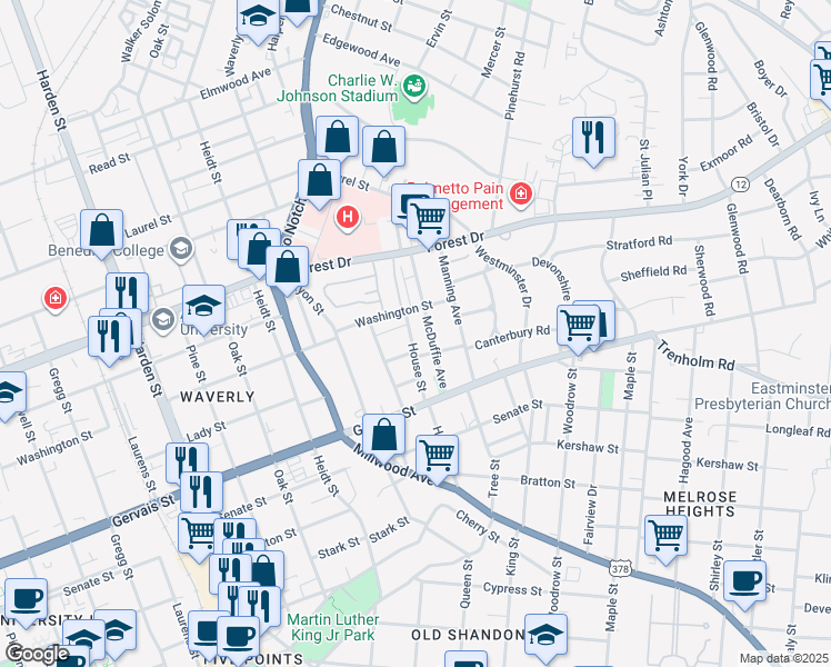 map of restaurants, bars, coffee shops, grocery stores, and more near 1326 House Street in Columbia