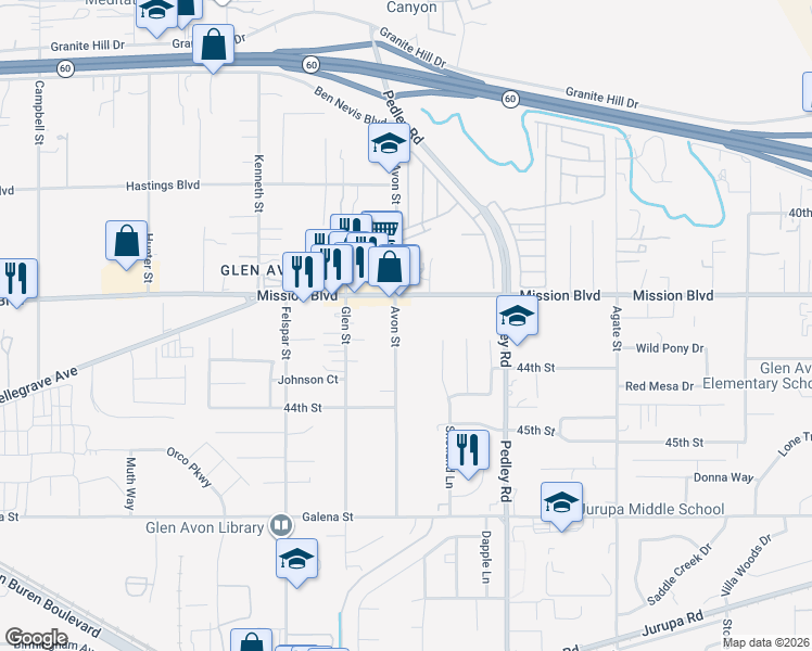 map of restaurants, bars, coffee shops, grocery stores, and more near 4241 Avon Street in Riverside