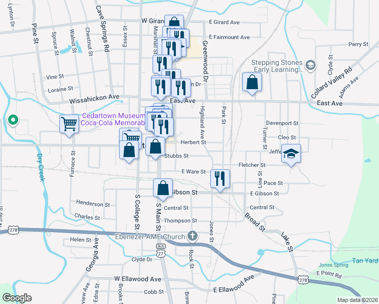 map of restaurants, bars, coffee shops, grocery stores, and more near 305 Stubbs Street in Cedartown