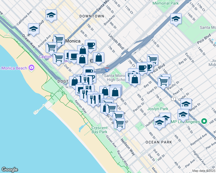 map of restaurants, bars, coffee shops, grocery stores, and more near 1802 4th Street in Santa Monica