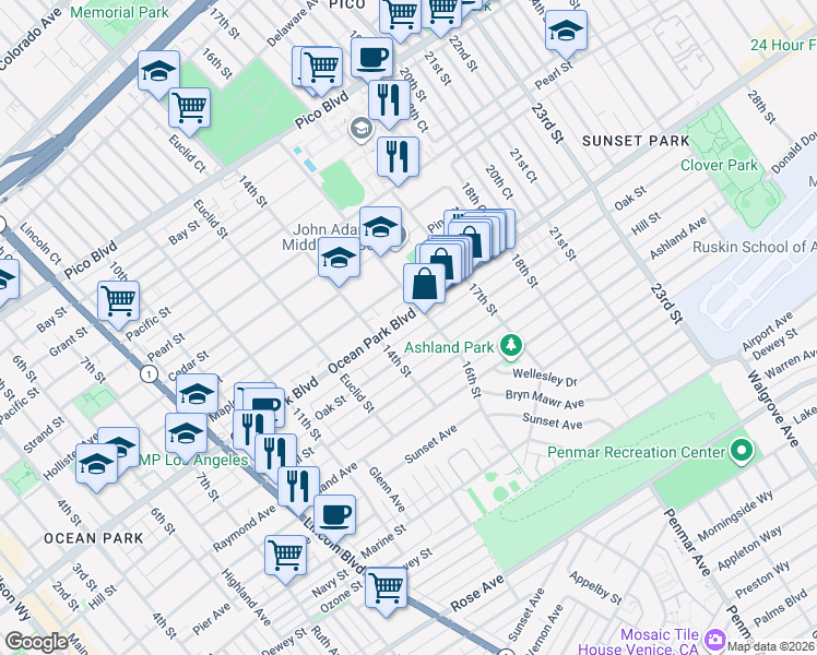 map of restaurants, bars, coffee shops, grocery stores, and more near 1502 Ocean Park Boulevard in Santa Monica