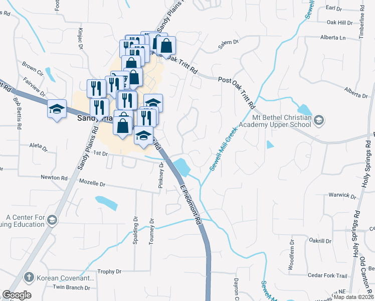 map of restaurants, bars, coffee shops, grocery stores, and more near 2241 Mainsail Court in Marietta