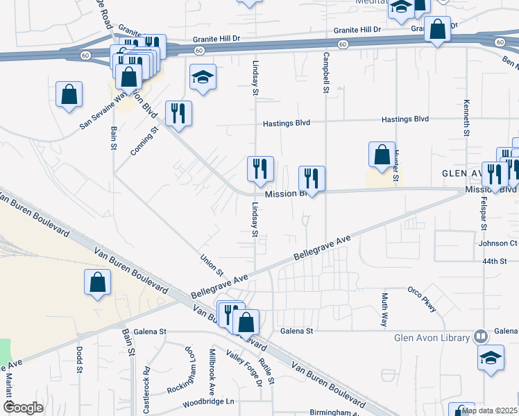 map of restaurants, bars, coffee shops, grocery stores, and more near 4234 Lindsay Street in Riverside