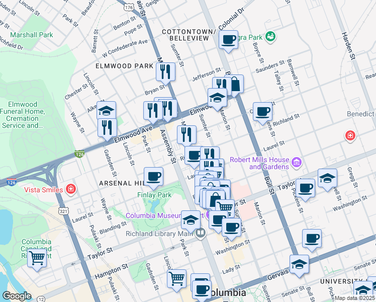 map of restaurants, bars, coffee shops, grocery stores, and more near 1920 Assembly Street in Columbia