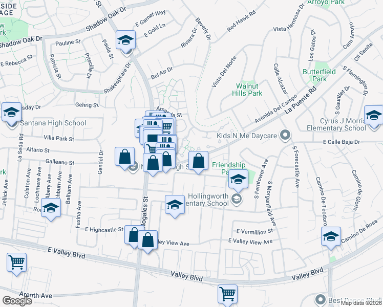 map of restaurants, bars, coffee shops, grocery stores, and more near 3633 Cottonwood Circle in West Covina