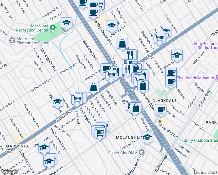 map of restaurants, bars, coffee shops, grocery stores, and more near 11316 Venice Boulevard in Los Angeles