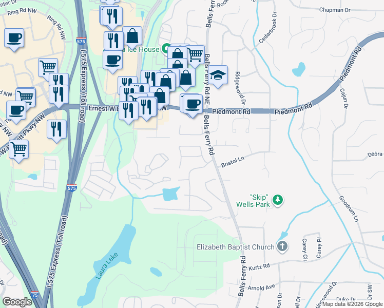 map of restaurants, bars, coffee shops, grocery stores, and more near 59 Lakebrooke Lane in Marietta