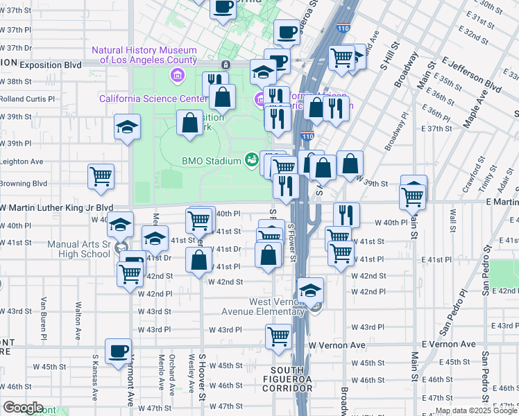 map of restaurants, bars, coffee shops, grocery stores, and more near 601 West 40th Place in Los Angeles