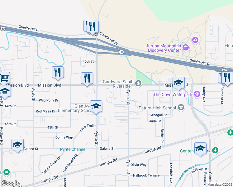 map of restaurants, bars, coffee shops, grocery stores, and more near 8086 Mission Boulevard in Riverside