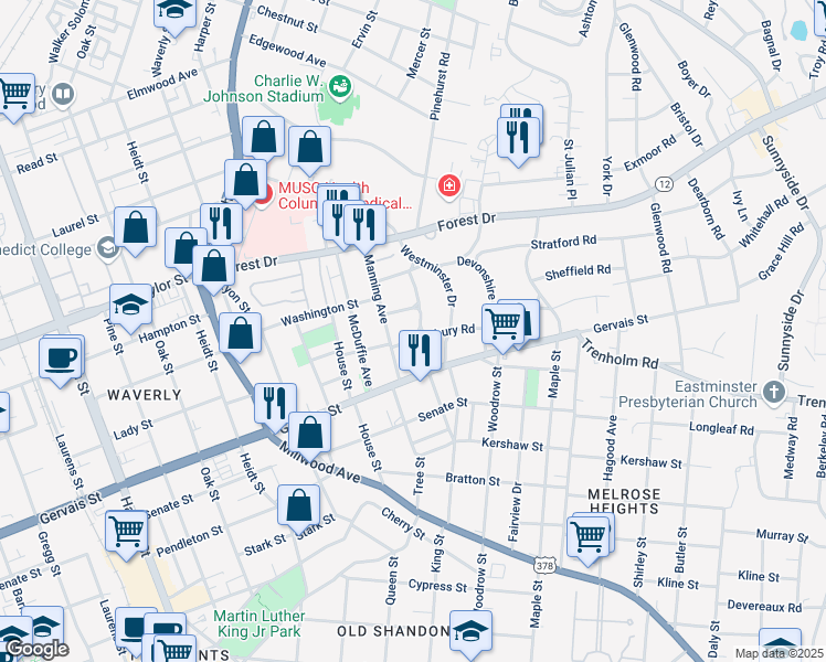 map of restaurants, bars, coffee shops, grocery stores, and more near 1311 Cambridge Lane in Columbia