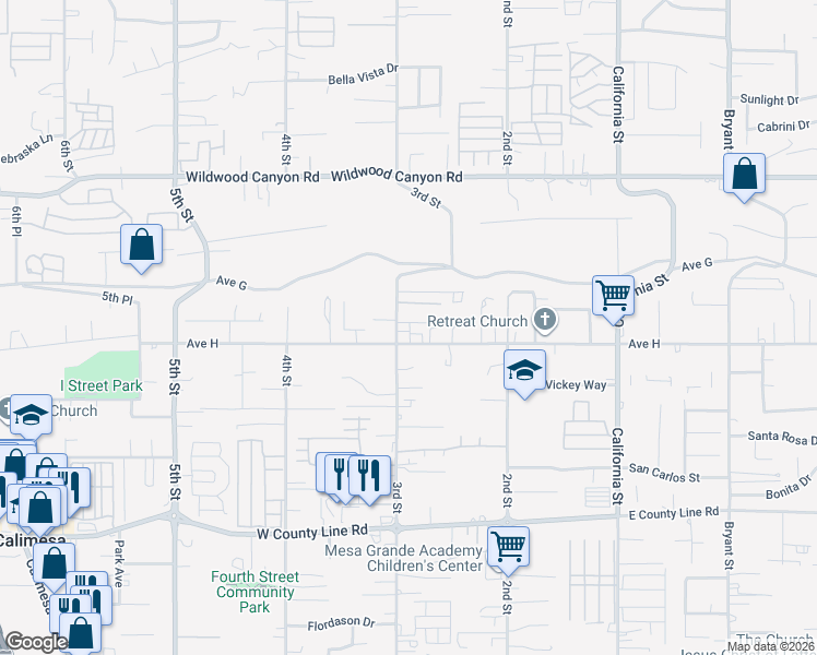 map of restaurants, bars, coffee shops, grocery stores, and more near 13385 Sherry Lane in Yucaipa