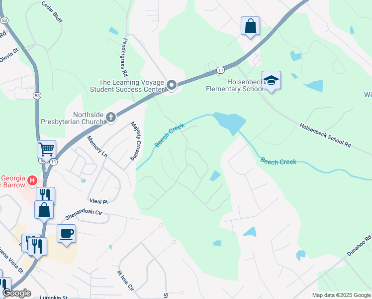 map of restaurants, bars, coffee shops, grocery stores, and more near 1800 Alberta Lane in Winder