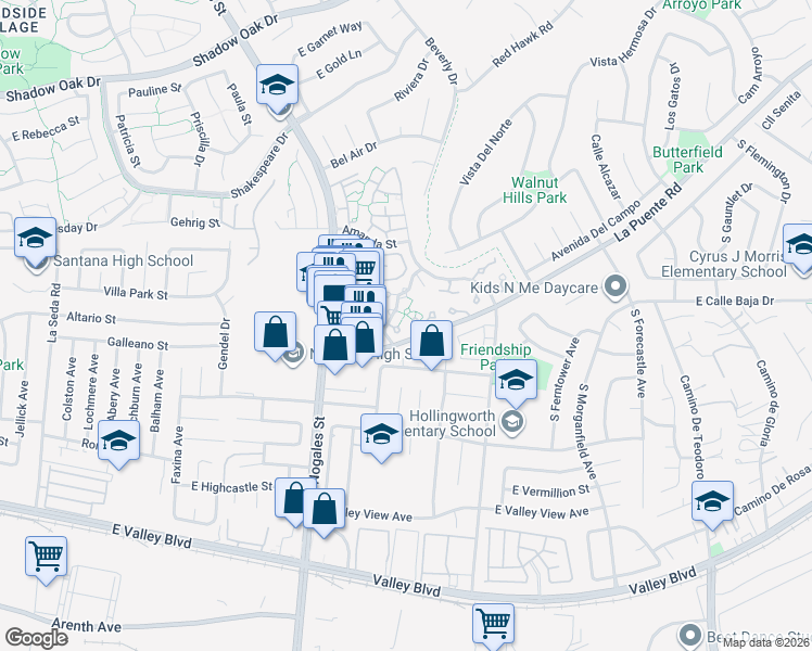 map of restaurants, bars, coffee shops, grocery stores, and more near 3633 Cottonwood Circle in West Covina