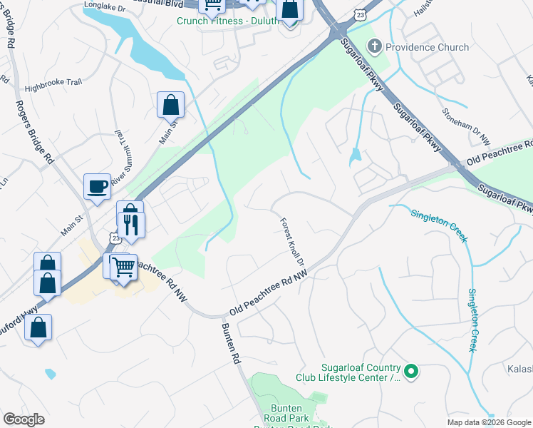 map of restaurants, bars, coffee shops, grocery stores, and more near 3448 Forest Knoll Drive in Duluth