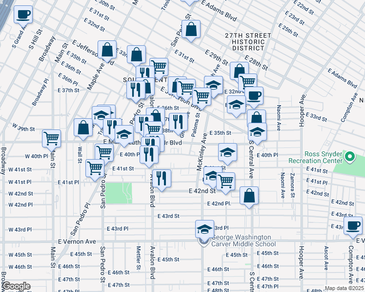 map of restaurants, bars, coffee shops, grocery stores, and more near 700 East Martin Luther King Junior Boulevard in Los Angeles
