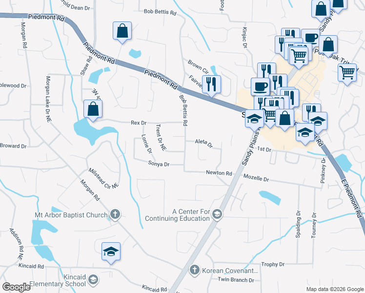 map of restaurants, bars, coffee shops, grocery stores, and more near 2467 Bob Bettis Road in Marietta