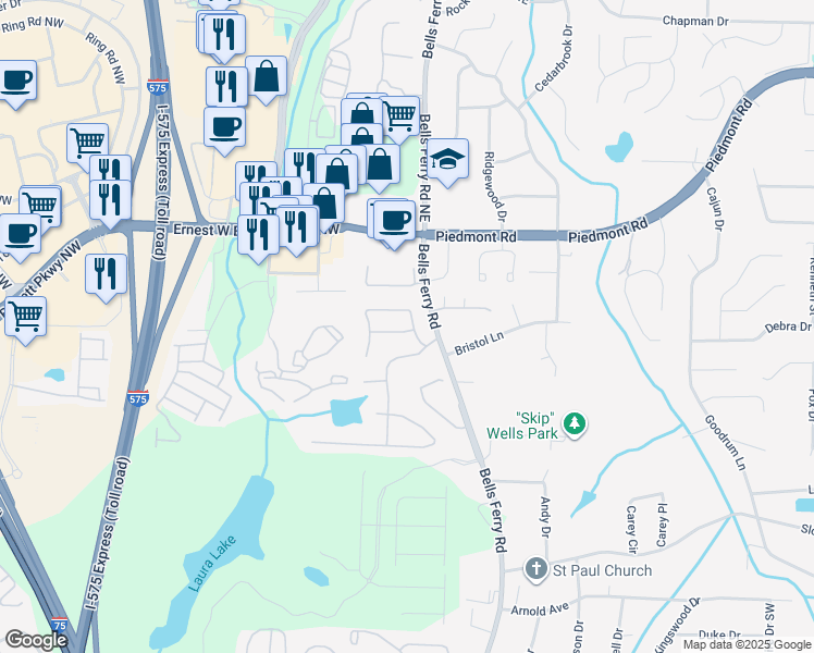 map of restaurants, bars, coffee shops, grocery stores, and more near 65 Lakebrooke Lane in Marietta