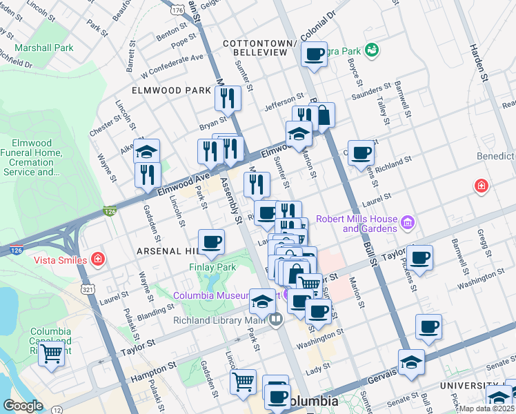 map of restaurants, bars, coffee shops, grocery stores, and more near 1901 Main Street in Columbia