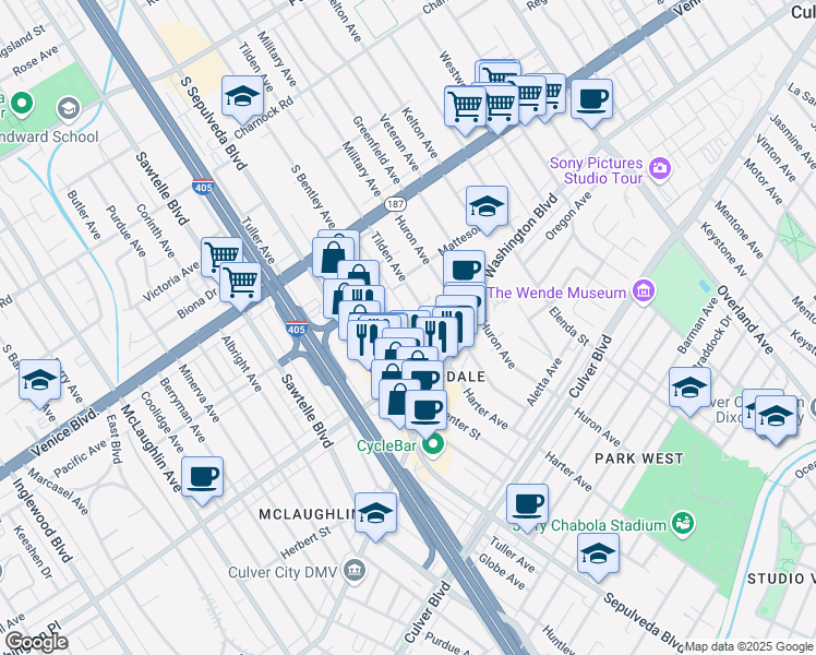 map of restaurants, bars, coffee shops, grocery stores, and more near 3948 Bentley Avenue in Culver City