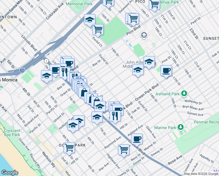 map of restaurants, bars, coffee shops, grocery stores, and more near 1101 Cedar Street in Santa Monica
