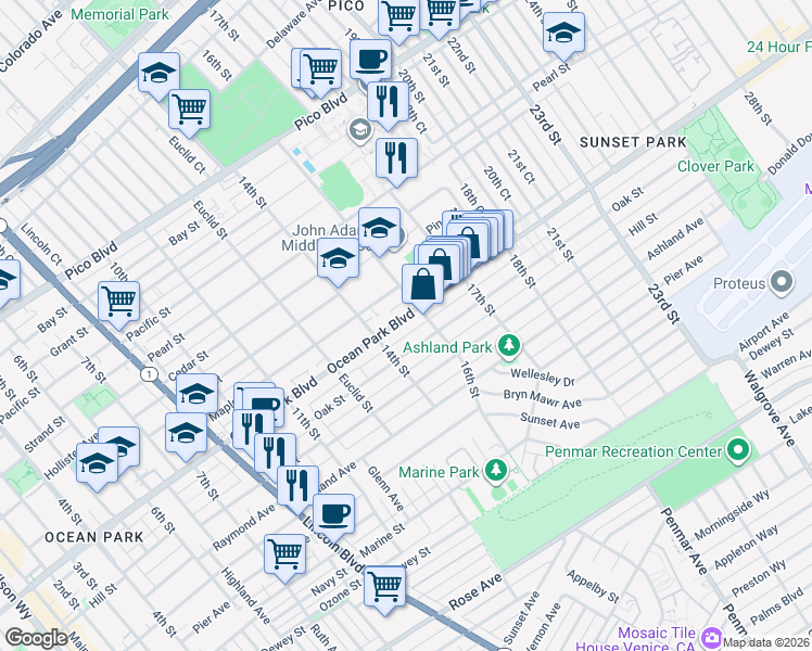 map of restaurants, bars, coffee shops, grocery stores, and more near 1502 Ocean Park Boulevard in Santa Monica