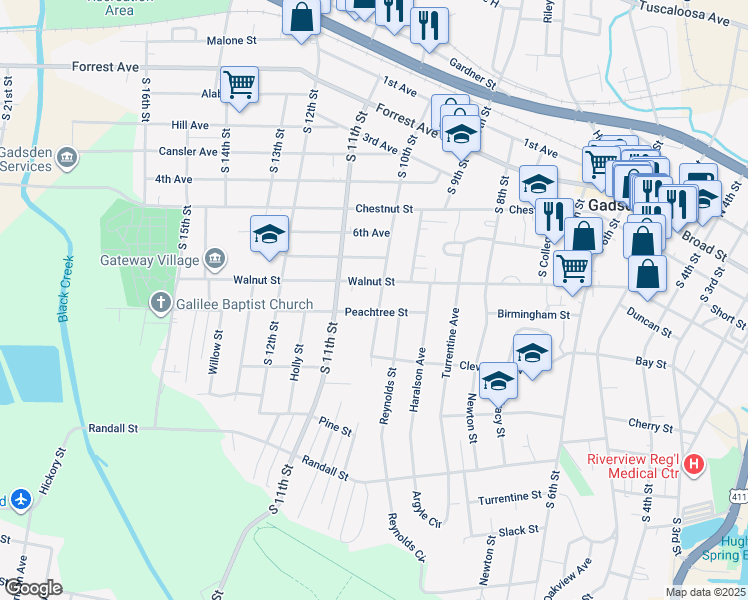 map of restaurants, bars, coffee shops, grocery stores, and more near 717 South 10th Street in Gadsden