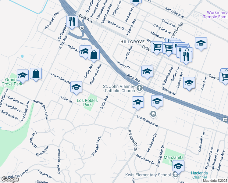 map of restaurants, bars, coffee shops, grocery stores, and more near 1418 9th Avenue in Hacienda Heights