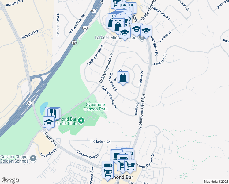 map of restaurants, bars, coffee shops, grocery stores, and more near 743 Great Bend Drive in Diamond Bar