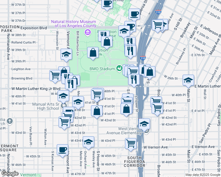 map of restaurants, bars, coffee shops, grocery stores, and more near 641 West 40th Place in Los Angeles