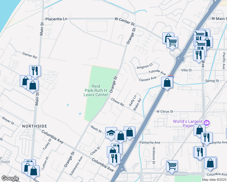 map of restaurants, bars, coffee shops, grocery stores, and more near 756 Orange Street in Riverside