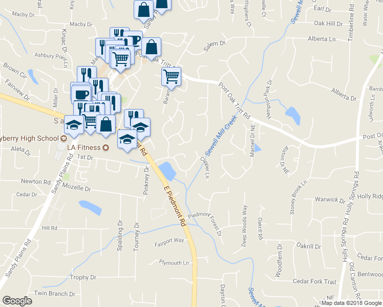 map of restaurants, bars, coffee shops, grocery stores, and more near 2231 Mainsail Drive Northeast in Marietta