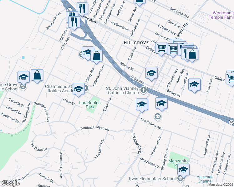 map of restaurants, bars, coffee shops, grocery stores, and more near 1418 9th Avenue in Hacienda Heights