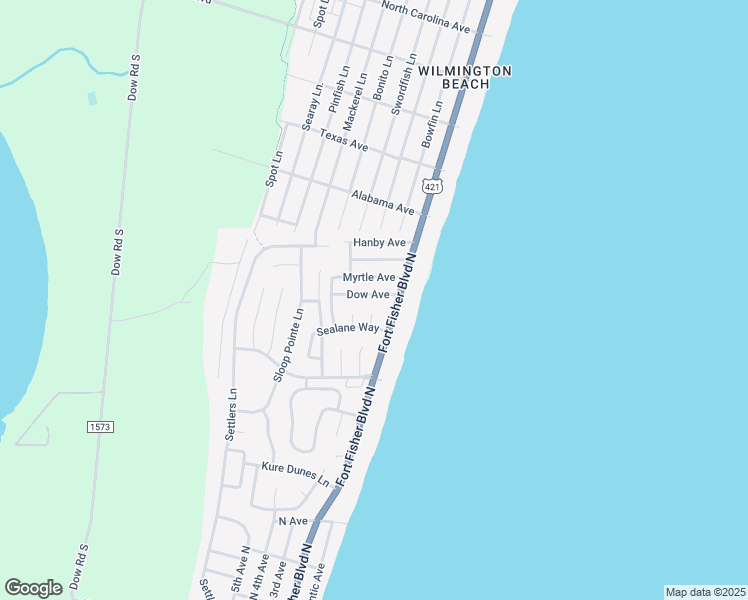 map of restaurants, bars, coffee shops, grocery stores, and more near 111 Dow Avenue in Carolina Beach