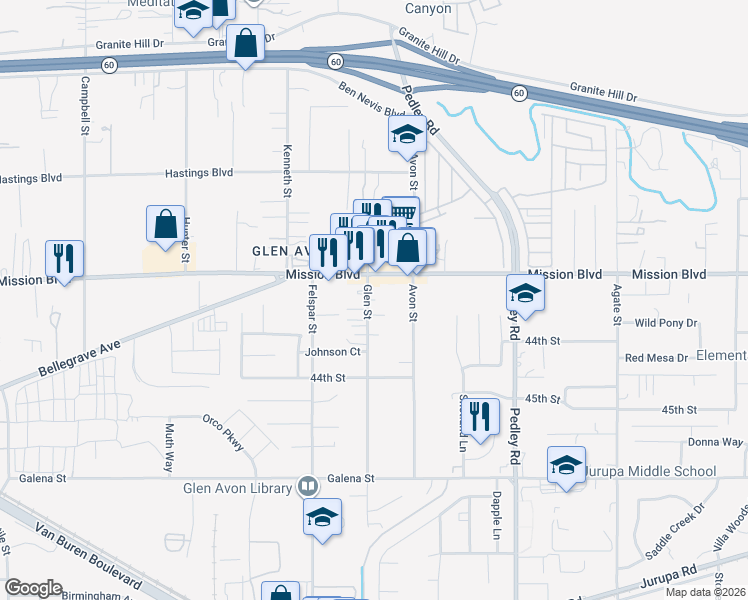map of restaurants, bars, coffee shops, grocery stores, and more near 4252 Glen Street in Riverside