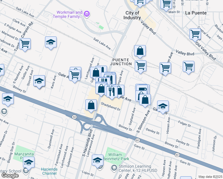 map of restaurants, bars, coffee shops, grocery stores, and more near 15833 Gale Avenue in Hacienda Heights