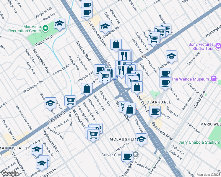 map of restaurants, bars, coffee shops, grocery stores, and more near 3818 Sawtelle Boulevard in Los Angeles