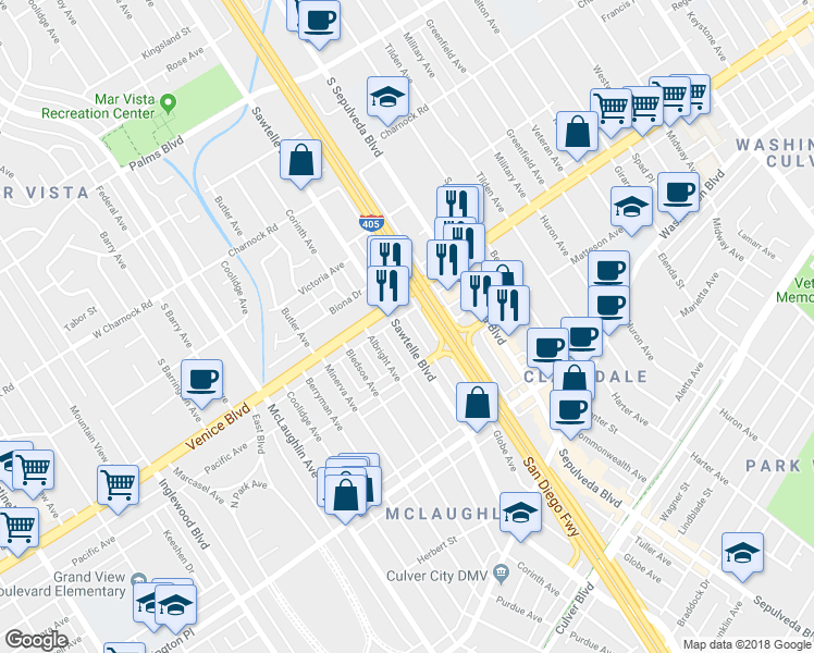 map of restaurants, bars, coffee shops, grocery stores, and more near 3818 Sawtelle Boulevard in Los Angeles