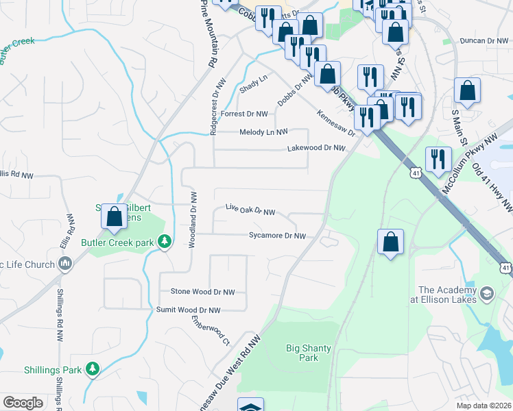 map of restaurants, bars, coffee shops, grocery stores, and more near 1711 Live Oak Drive Northwest in Kennesaw