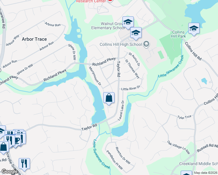map of restaurants, bars, coffee shops, grocery stores, and more near 2174 Cape Liberty Drive in Suwanee