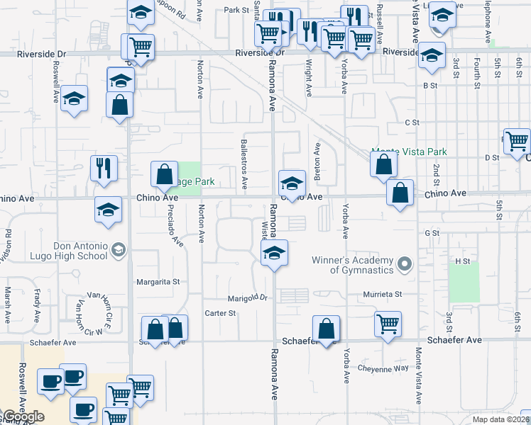 map of restaurants, bars, coffee shops, grocery stores, and more near 13415 Wisteria Place in Chino