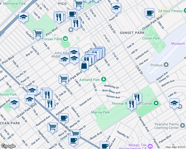 map of restaurants, bars, coffee shops, grocery stores, and more near 1624 Oak Street in Santa Monica