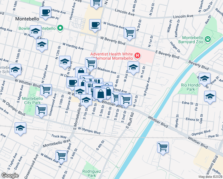 map of restaurants, bars, coffee shops, grocery stores, and more near 405 West Cleveland Avenue in Montebello