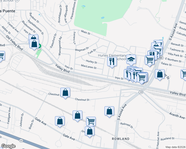 map of restaurants, bars, coffee shops, grocery stores, and more near 16936 Inyo Street in La Puente