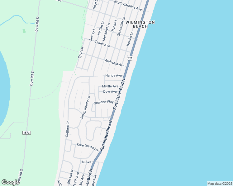 map of restaurants, bars, coffee shops, grocery stores, and more near 111 Dow Avenue in Carolina Beach