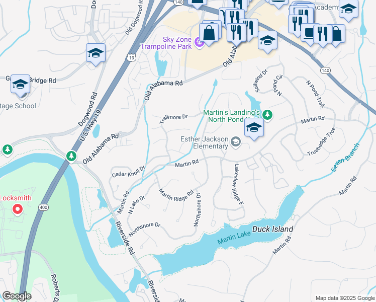 map of restaurants, bars, coffee shops, grocery stores, and more near 140 Sweetwood Way in Roswell