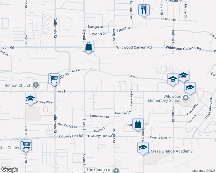 map of restaurants, bars, coffee shops, grocery stores, and more near 13381 Custer Street in Yucaipa