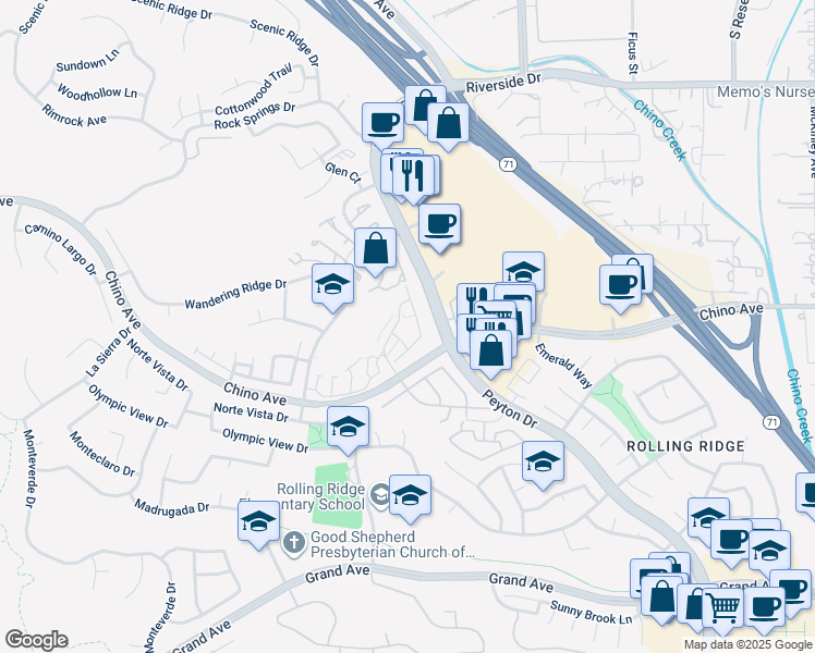 map of restaurants, bars, coffee shops, grocery stores, and more near 13360 Cardinal Ridge Road in Chino Hills