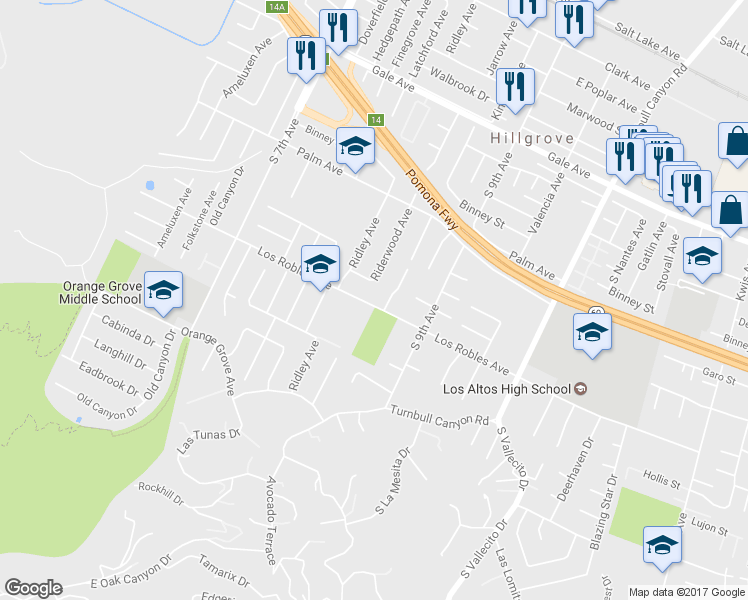 map of restaurants, bars, coffee shops, grocery stores, and more near 14861 Los Robles Avenue in Hacienda Heights