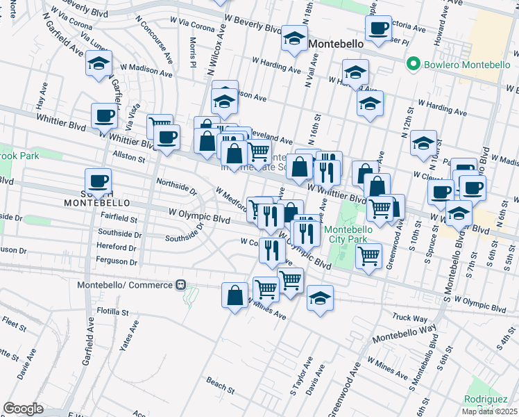 map of restaurants, bars, coffee shops, grocery stores, and more near 142 South 18th Street in Montebello