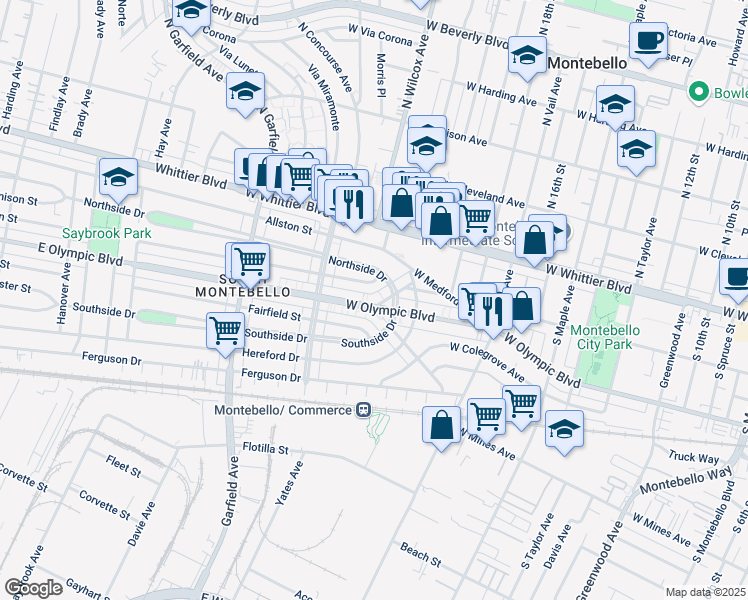 map of restaurants, bars, coffee shops, grocery stores, and more near 229 Kensington Way in Montebello